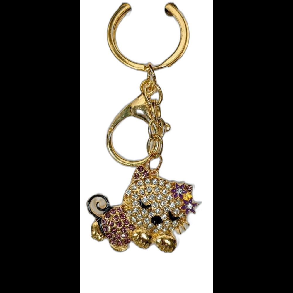UP Crystal Collection Gold & Purple Rhinestone Cat Purse Charm Keychain Sparkley